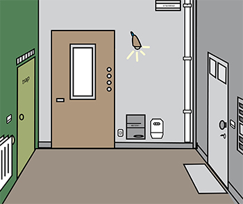Gemeenschappelijke ruimte met lift, lichtpunten, zekeringskast, tellers, vloer, buitendeur en deurbel 